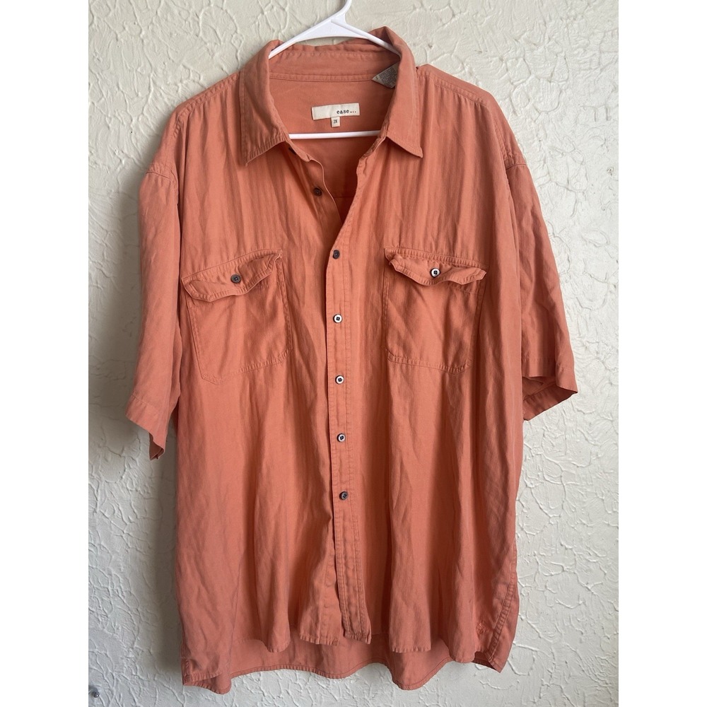 Mens 2XL Silk/Cotton Shirt Orange Short Sleeve Button Coastal Camp Beach Cruise